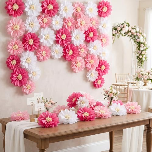Image of Cholemy 24 Pcs Tissue Paper Flowers, Crepe Paper Flowers Decorations 8 inch 10 inch 12 inch for Wedding Party Baby Bridal Shower Carnival Party Birthday Nursery Wall Decor (Pink,White)