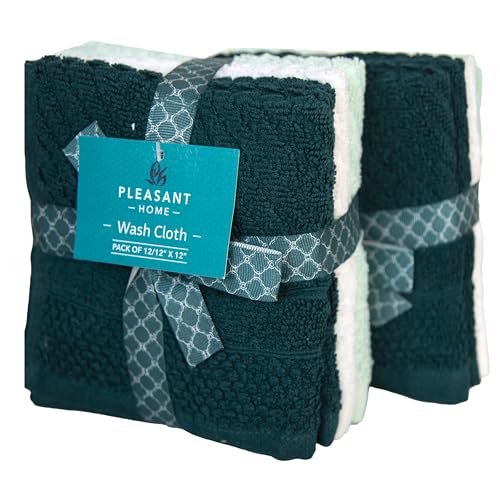 Image of PH Pleasant Home Diagonal Wash Cloths Set - 12 Pack (12 inch x 12 inch) - 509 GSM - 100% Ring Spun Cotton Wash Cloth - Super Soft and Highly Absorbent Face Towels (Green, White & Mint)