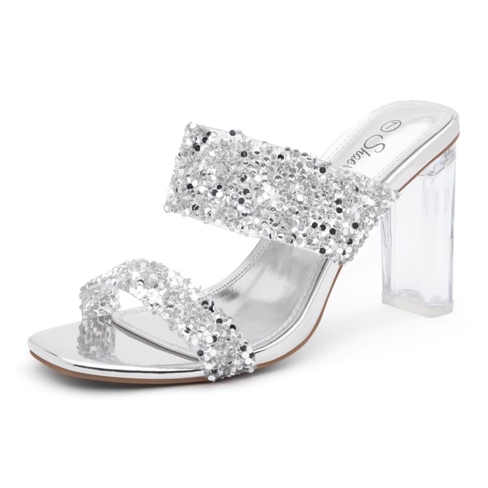 Shoe Land Clear Heels for Women | Transparent Two Strap High Block Chunky Heeled Mules | Slip-On Dressy Clear Sandals for Prom, Wedding, Party &