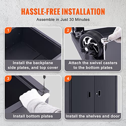 Vevor Metal Storage Cabinet With Wheels, 200 Lbs Load Capacity Per Shelf, 72'' Tall Powder-Coating Steel Garage Cabinet With 4 Adjustable Shelves, Magnet Doors & Lock, Perfect For Office Home Garage #TOP5