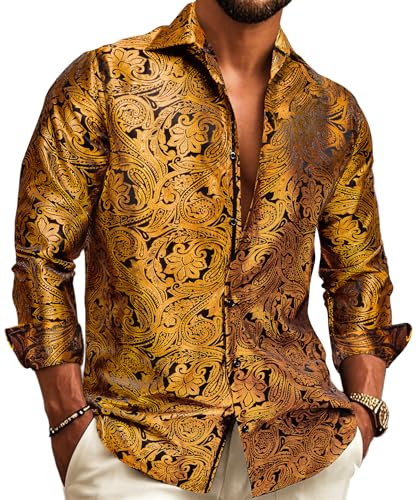 Barry.Wang Herrenhemd, Seide, luxuriös, Paisleymuster, Blumenmuster, langärmelig, groß und hoch, Hochzeit, Party, Freizeit, Business, formelle Hemden, Goldfarben und Schwarz, XL