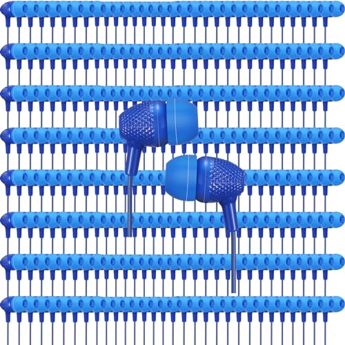 Image of Macarrie 200 Pack Earbuds Bulk Earphones 3.5 mm Classroom Headphones for Adult Assorted Colors Earbud Wired Earphone Without Mic for Adult Office Home Individually Bagged(Blue)