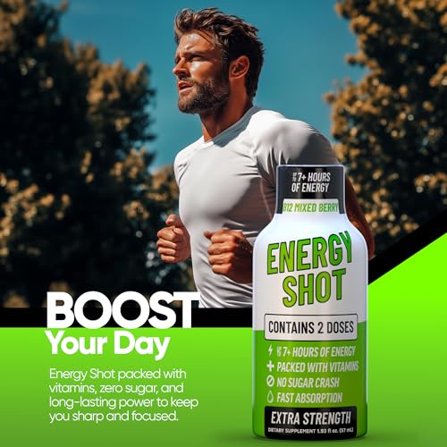 Image of B12 Mixed Berry Extra Strength Energy Shot 10 pk - 260mg Natural Caffeine B12 B6 - Energy & Vitality Support - 2 Servings Sugar Free Zero Calorie Green Tea B-Vitamins Electrolytes Vegan - 1.93 fl oz
