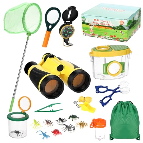 Quuylin Spielzeug für den Außenbereich, Kinder, Erkundungsset, Erkundungsset für Kinder mit Kompass, Lupe, Schmetterlingsnetz, Fernglas, Geschenk zur Erkundung der Natur für Jungen und Mädchen ab 3