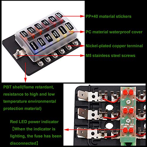 Universal Car Blade Fuse Holder Box 12 Way Fuse Terminal Block with LED Indicator for Car Boat Marine Trike