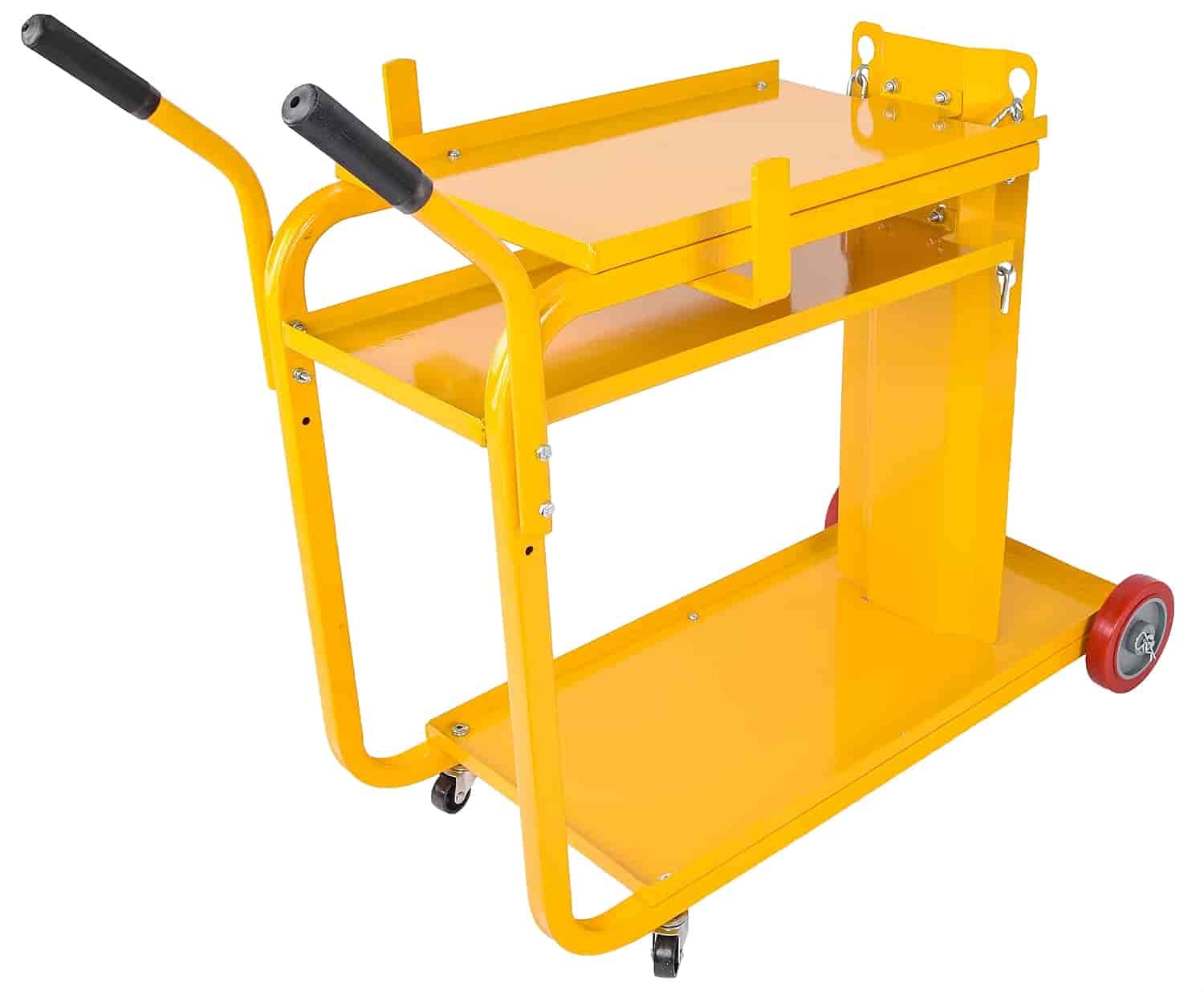 JEGS Welding Cart | 36 1/2 “ Long x 17 3/8 “ Wide x 30 1/2 “ High | Steel Construction | Yellow Powder Coat Finish | Includes Safety Chain, Dual Side Hooks, 2 Fixed & 2 Swivel Caster Wheels