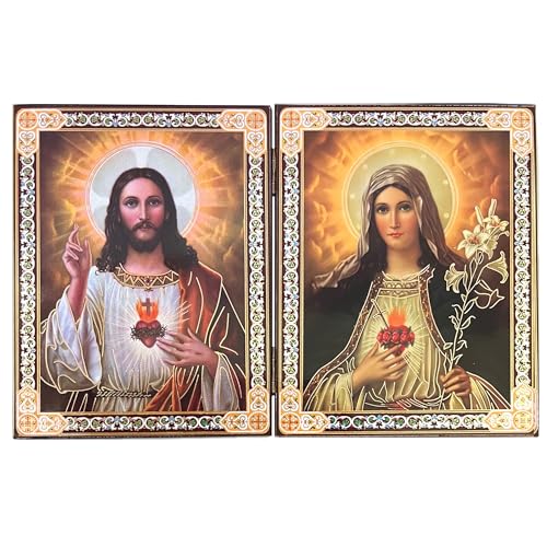 Needzo Sacred Heart of Jesus and Mary Catholic Icon Diptych, Gold Foil Icons Religious Gift For Woman, Man 5 1/4 Inch