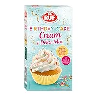 RUF Birthday Cake Cream, Cream-Pulver für eine lockere Torten-Creme in Geburtstags-Kuchen mit Vanille-Karamell-Geschmack & buntem Dekor-Mix, 1 x 110g