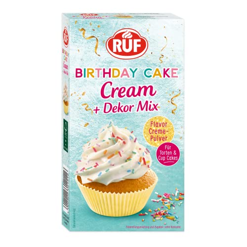 RUF Birthday Cake Cream, Cream-Pulver für eine lockere Torten-Creme in Geburtstags-Kuchen mit Vanille-Karamell-Geschmack & buntem Dekor-Mix, 1 x 110g