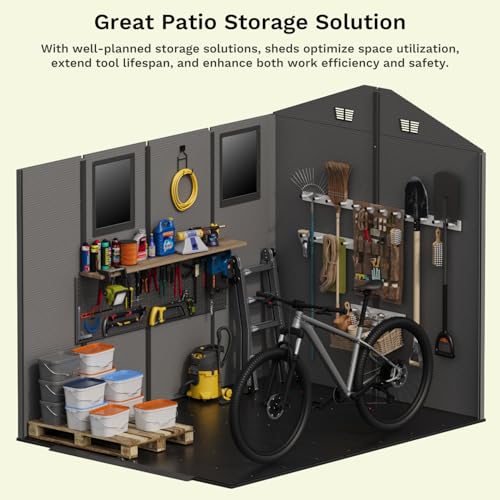 Image of Devoko 6x8 Ft Outdoor Storage Shed - Lockable Resin Tool Shed with Window & Floor - Easy Assembly for Garden, Backyard, Dark Gray