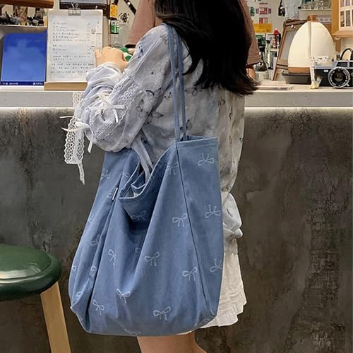 Bow Purse Embroidered Denim Bow Purse Embroidery Jean Tote Bag Large Shoulder Bag Lightweight Trendy Gift Women3