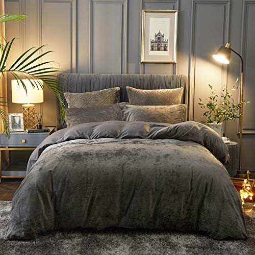 PHF Velvet Duvet Cover Set King Size, 3pcs Ultra Soft Plush Comforter Cover Set, Warm Cozy Flannel Duvet Cover with Pillow Shams Bedding Collection, 104" x 90", Charcoal/Dark Grey