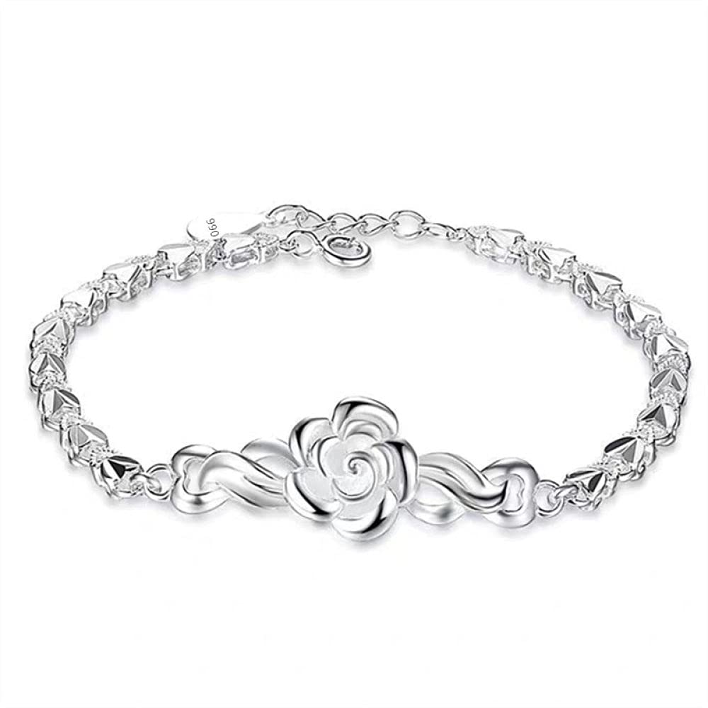 Braccialetti a Catena con Polsino in Argento Sterling Moda, Bracciale in Argento Sterling 925 da Donna Bracciale con Fiore Rosa Squisito di Moda Regali di Gioielli in Argento Sterling