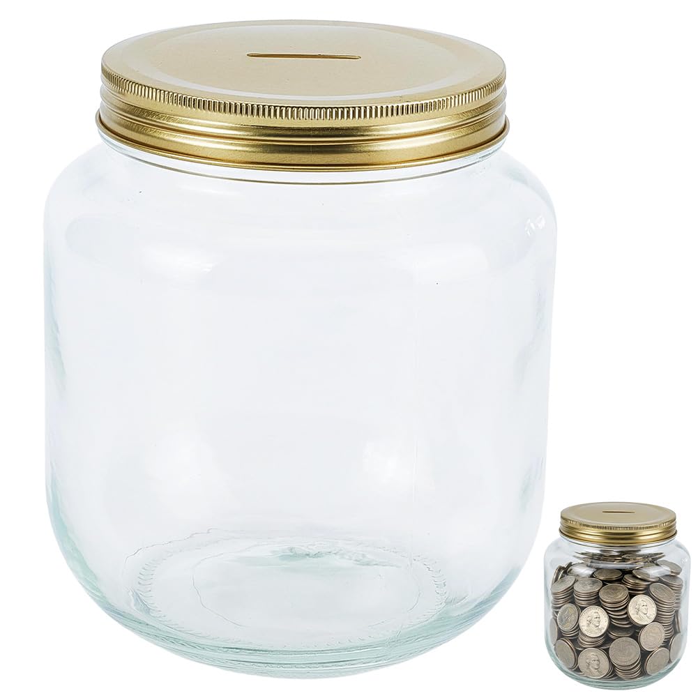 WEBEEDY 2L Large Coin Bank Jar with Slotted Gold Lid for Adults Transparent Glass Coin Money Piggy Banks Reusable Money Tip Change Savings Coin Jar Raffle Ticket Box Back to School Supplies
