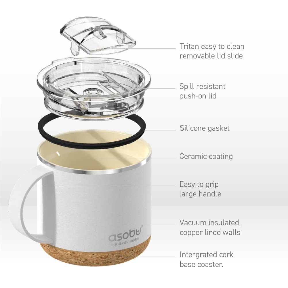 asobu Infinite Tasse à café isotherme en acier inoxydable avec revêtement intérieur en céramique et dessous de verre en liège