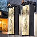 Black LED Dusk to Dawn Outdoor Lighting 2 Packs, 16" Large Outside Farmhouse Wall Lantern, Industrial Porch Wall Mount Light Fixture with Rippled Glass, Waterproof Modern Exterior Sconce Lamp