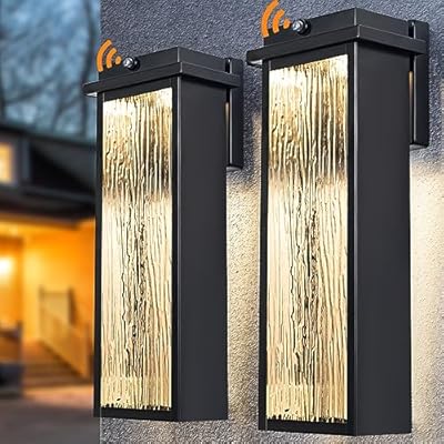 Black LED Dusk to Dawn Outdoor Lighting 2 Packs, 16" Large Outside Farmhouse Wall Lantern, Industrial Porch Wall Mount Light Fixture with Rippled Glass, Waterproof Modern Exterior Sconce Lamp