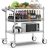 Leteuke 3 Tier Rolling Carts with Wheels, Heavy Duty Rolling Utility Cart,NSF Commercial Grade Metal Cart with Handle&Shelf Liner,Trolley Serving Cart for Kitchen,Restaurant,Plant Display,Chrome