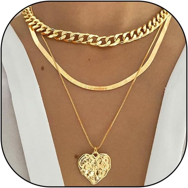 Chunky Gold Heart Pendant Necklaces Set for Women Layered Cuban Link Chain Choker Necklaces Adjustable Snake Bone Chain Necklace Jewelry Accessories