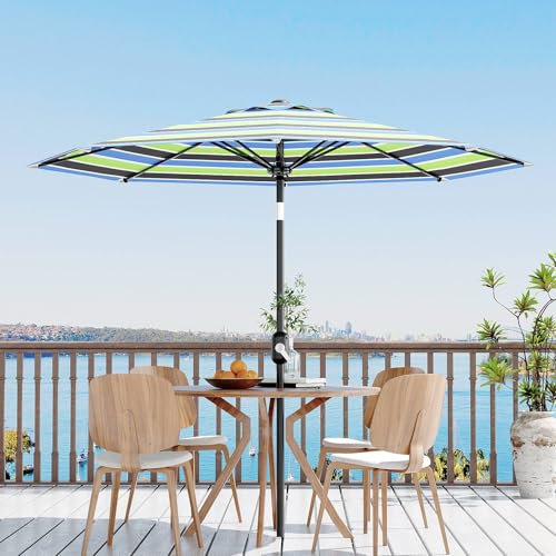 9Ft Patio Umbrella - 8 Sturdy Ribs Outdoor Table Umbrella with Crank Lift & Push Button Tilt - Market Umbrella for Pool, Deck, Yard, Garden - Tricolor Stripe