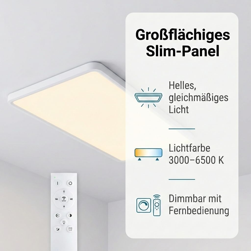 LED Panel Deckenleuchte weiß rechteckig flach 90x60cm CCT 3000-6500K variable Lichtfarbe, dimmbar, mit Fernbedienung, integriertes Netzteil, flimmerfrei IP20 L895xB585XH28mm