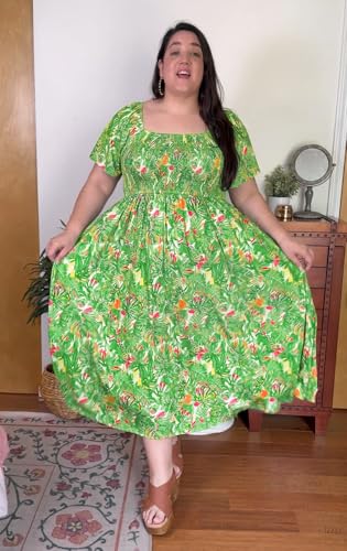 Image of RITERA Plus Size Dresses for Curvy Women Square Neck Short Sleeve Summer Floral Smocked Maxi Dress with Pocket XL-5XL