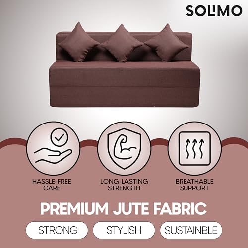 Image of Amazon Brand - Solimo 3 Seater 5 * 6 Jute Fabric Washable Cover Sofa Cum Bed with 3 Cushions 3 Seater Double Foam Fold Out Sofa Cum Bed (Finish Color - Brown Delivery Condition - Pre-Assembled)