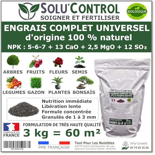 3 kg d'ENGRAIS COMPLET universel et équilibré - SoluControl - UAB - Utilisable en Agriculture BIOLOGIQUE