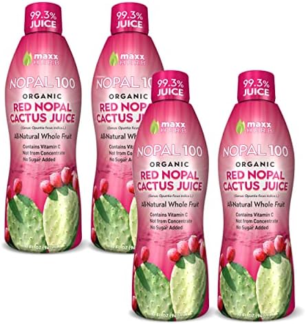 Maxx Herb Organic Red Nopal Cactus Juice - for Joint Support, Healthy Digestion, Immune Support, Vegan, Non-GMO and Gluten Free - 4 Bottles, 32 Oz Each (128 Servings)