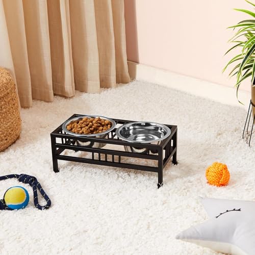 Image of amazon basics, Pet Feeder | Stainless Steel Food & Water Bowls with Iron Stand | Dog Bowls | Elevated Double Diner with Stand | Medium Size (900 ml x 2 Bowl) (Black)