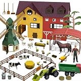 Peagprav Farm Animals Figurines Toys -140 pcs Toy Set Barn Toy Horse Stable Tractor Trailer Windmill Farmer Fence Playset for Kids Toddlers Boy Girl 3-7 Years Old