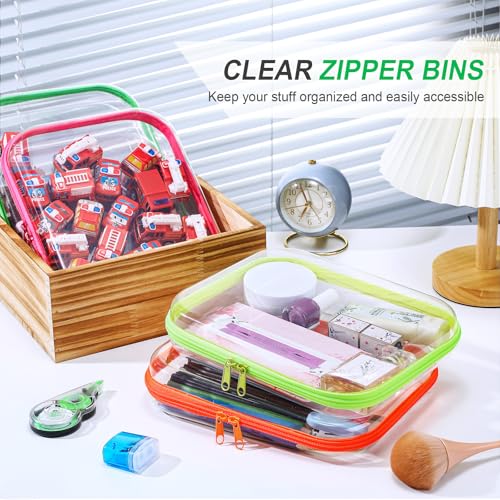 Image of Hoolerry 4 Pcs Hard Clear Zipper Case Makeup Bags Plastic Zipper Pouch Transparent Storage Box Containers for Cosmetics, Snacks, Building Blocks, Puzzles(Clear,9.8 x 7.9 x 2 in,Fluorescent)