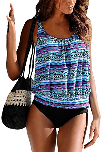 Happy Sailed Women Push up Padded Printed Sporty Tankini Swimsuits Bathing Suit, Medium Purple