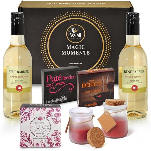 Regalo original dia de la madre, abuela, hermana, mejor amiga. Caja delicatessen pates y vino blanco para regalar(Blanco)