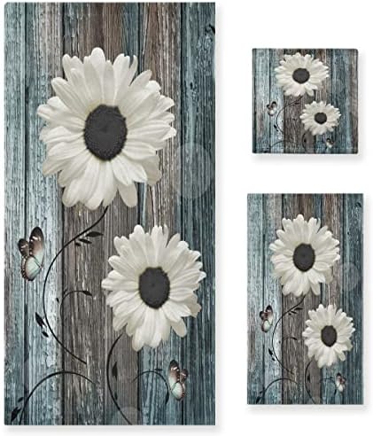 MATEKULI Farmhouse Bath Towels Set Floral Rustic White Daisy Flower Teal Blue Wooden Plank 3 Piece (1 Luxury Bath Towel 1 Hand Towel 1 Washcloth) Soft Absorbent Decorative Bathroom Kitchen Towels