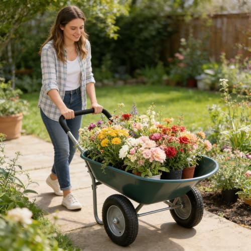 Carretilla de mano ZeHuoGe para jardinería, 2 ruedas neumáticas de 15 pulgadas, capacidad de 5 pies cúbicos y carga máxima de 300 libras, color verde miniatura 5