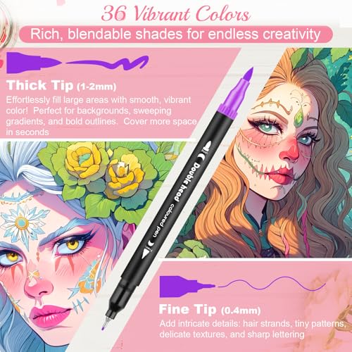 Image of 3Pcs Coloring Book for Women Relaxation, 72 Patterns Spiral Bound Mindfulness Coloring Books for Adult with 36 Dual-tip Markers, Dual Markers Brush Pens Stocking Stuffers Anxiety Relief Gifts-Portrait