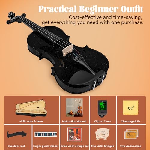 Image of Poseidon 1 /4 Violin for Beginner Fiddle Kit, Violin 1 /4 Size for Student Stringed Musical Instrument w /Case, Two Strings Set, Two Bows, Two Bridges, Two Rosins, Clip-on Tuner, Manual - Glossy Black