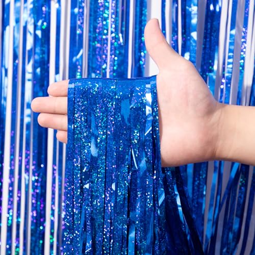Image of Voircoloria 2 Pack Blue Tinsel Foil Fringe Curtains, Blue Party Decorations, Metallic Tinsel Party Streamers Backdrop for Birthday Baby Shower Graduation Wedding Anniversary Party Decorations