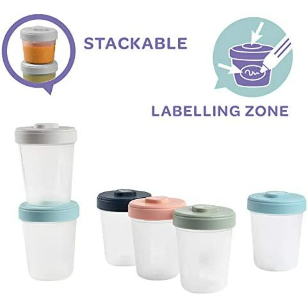 Béaba, Lot de 6 Portions Conservation Clip, Pots empilables et emboîtables, 100 pour cent hermétique, Graduation, Zone marquage, Congélation, Conservation Lait Maternel (6 x 250 ml)
