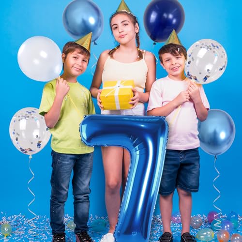 Image of 7 Balloon Number Dark Blue, Big Number 7 Mylar Balloon Pastel Navy Blue with Metallic Silver Confetti Balloon for Boys 7th Birthday, Foil 40'' Self Inflating Balloon 7 for Anniversary Party Decoration