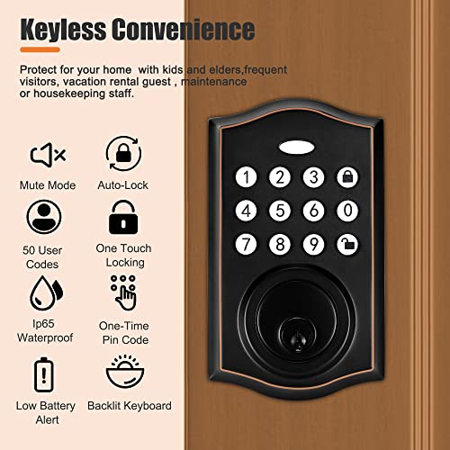 Electronic Keypad Deadbolt Lock And Handle Set, Keyless Entry Door Lock Deadbolt, Front Door Lock With Keypad And Handle For Left Or Right-Hand Doors, Auto Lock,Easy To Install, 50 User Password Black #TOP2