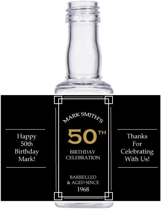 12 Personalized 50th Birthday Celebration Square Mini Liquor Bottles, caps, and Custom Labels for Your Birthday Event Party