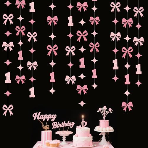 Image of Pink Bow One Birthday Decorations Pink Glitter Paper Star Bow 1st Hanging Garland Streamer Banner for Happy First Birthday Baby Girl Bday Decor or 1st Anniversary Party Decorations Supplies