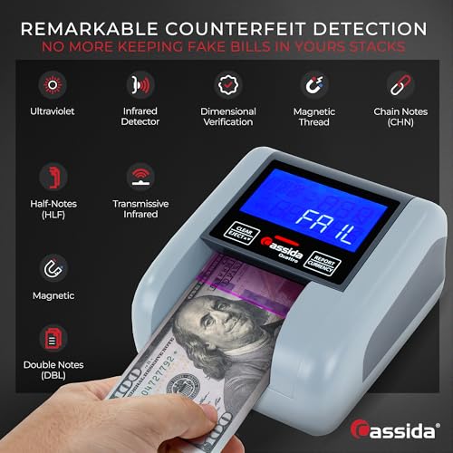 Image of Cassida Quattro Fast Automatic Currency Counterfeit Detector with Advanced Sensors (UV,MG,IR,MT,Thickness,Size) - All-Orientation Feeding - Rechargeable Battery - 3.5 inch Value (Pass /Fail + UV /MG)
