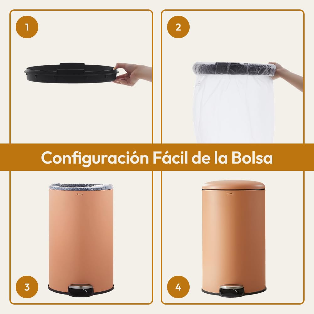 CASABEL Cubo de basura de cocina redondo 50L, acero inoxidable, terracota | Apertura con pedal, Cierre suave, Acero antihuellas, Aro de sujeción de bolsa, Asa de transporte, Fácil mantenimiento