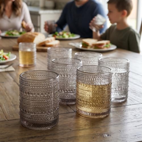 Image of Khen Beaded Tumbler Drinking Glasses Set | Set of 6 | Vintage Hobnail 11 OZ Bubble Design Whiskey Glassware, Old-Fashioned, Embossed Design Glass for Water, Wine, Cocktail HAND WASH ONLY (Grey)