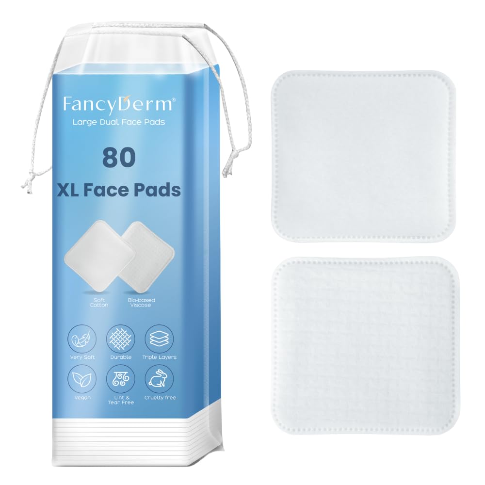 FancyDerm® Cotton Pads for Face, 80 Large Dual Sided Makeup Remover Toner Micellar Water Pads, Lint & Tear Free, No Shedding, Triple Layers Skincare Pads, Textured & Ultra Soft Side - 1 Pack