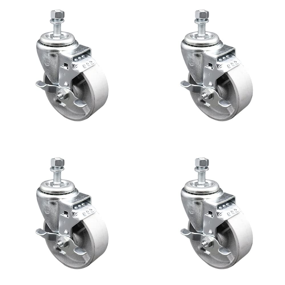 Semi Steel Cast Iron Swivel Threaded Stem Caster Set of 4 w/4" x 1.25" Silver Wheels and 1/2" Stems - Includes 4 with Top Lock Brakes - 1200 lbs Total