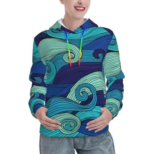Sweat à capuche graphique imprimé vague pour femme, vêtement d'automne confortable avec poche